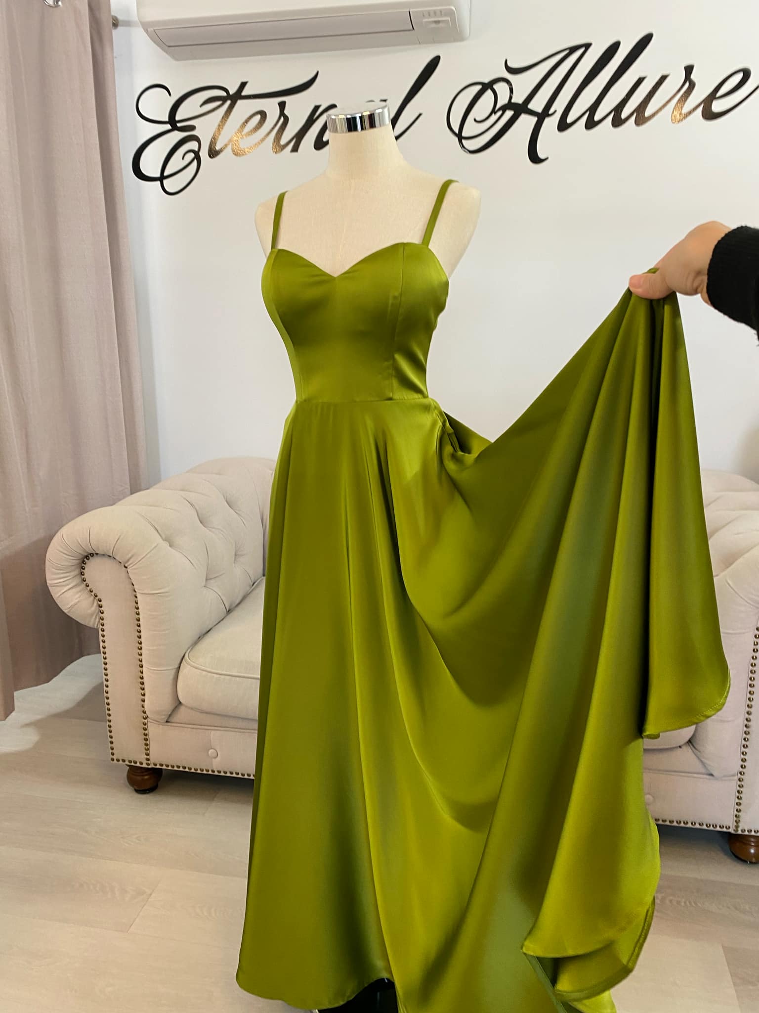 Tina olive green formal dress with slit and pockets