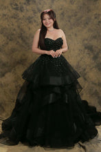 Load image into Gallery viewer, Hannah black waterfall wedding dress with detachable off shoulder (shoulder strap included)