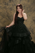 Load image into Gallery viewer, Hannah black waterfall wedding dress with detachable off shoulder (shoulder strap included)