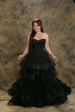 Load image into Gallery viewer, Hannah black waterfall wedding dress with detachable off shoulder (shoulder strap included)