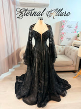 Load image into Gallery viewer, Jenni black butterflies wedding dress corset back , with slit and pockets, (bell sleeves , spaghetti straps included)