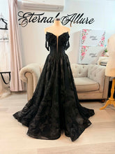 Load image into Gallery viewer, Jenni black butterflies wedding dress corset back , with slit and pockets, (off shoulders , spaghetti straps included)