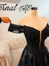 Load image into Gallery viewer, Jenni black butterflies wedding dress corset back , with slit and pockets, (off shoulders , spaghetti straps included)