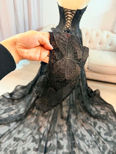 Load image into Gallery viewer, Jenni black butterflies wedding dress corset back , with slit and pockets, (off shoulders , spaghetti straps included)