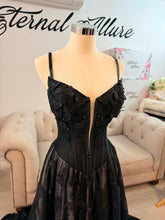 Load image into Gallery viewer, Jenni black butterflies wedding dress corset back , with slit and pockets, (bell sleeves , spaghetti straps included)