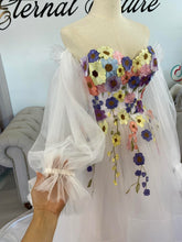 Load image into Gallery viewer, Trinitee floral waterfall wedding dress with separate puffy long sleeve ( have pockets, removable adjustable straps)