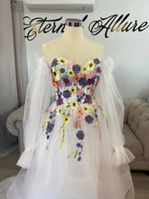 Load image into Gallery viewer, Trinitee floral waterfall wedding dress with separate puffy long sleeve ( have pockets, removable adjustable straps)