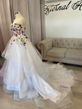 Load image into Gallery viewer, Trinitee floral waterfall wedding dress with separate puffy long sleeve ( have pockets, removable adjustable straps)
