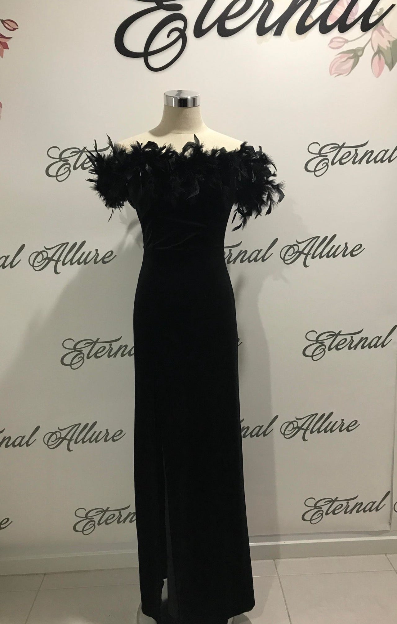 black velvet dress with feathers Trinity – The Walking Company