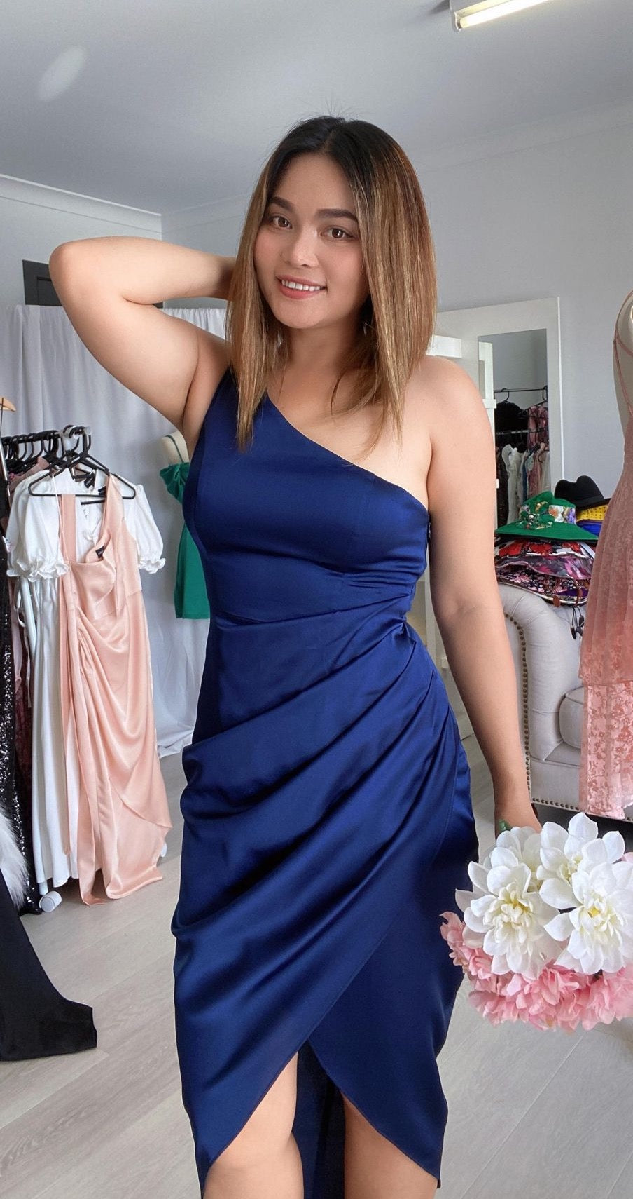 open lace back dress Mel one off shoulder dress navy/nude/green – Eternal Allure Pty Ltd