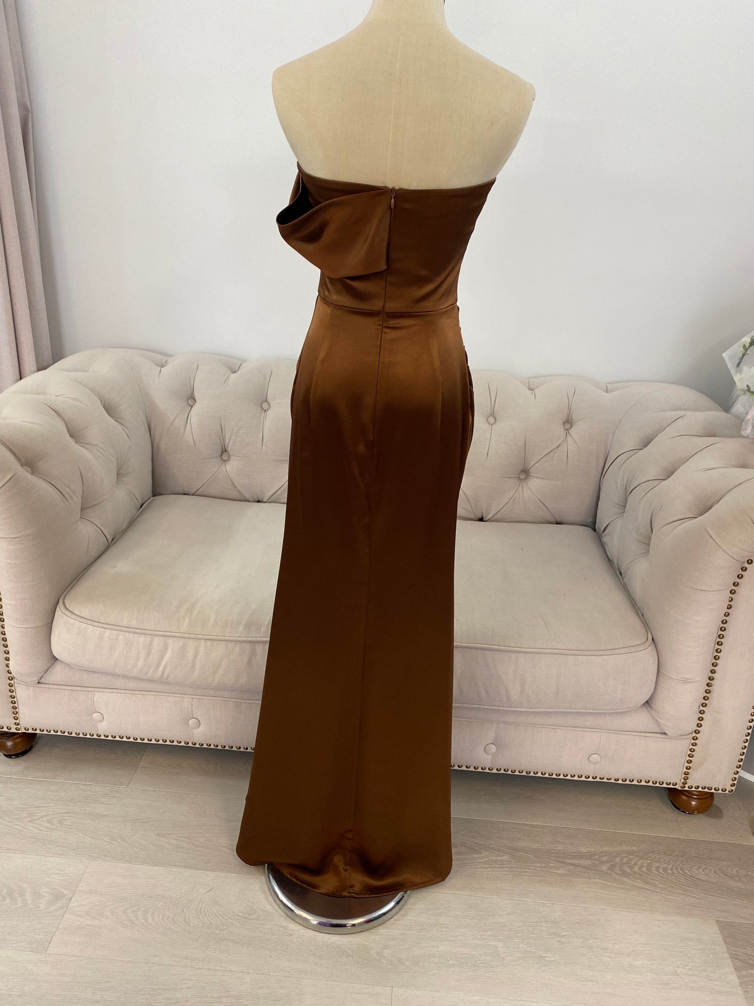 Iris brown formal dress ( with single off shoulder sleeve and slit, zi Eternal Allure Pty Ltd Iris brown formal dress ( with single off shoulder sleeve and slit, zi Eternal Allure Pty Ltd