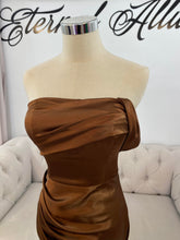 Load image into Gallery viewer, Iris brown formal dress ( with single off shoulder sleeve and slit)
