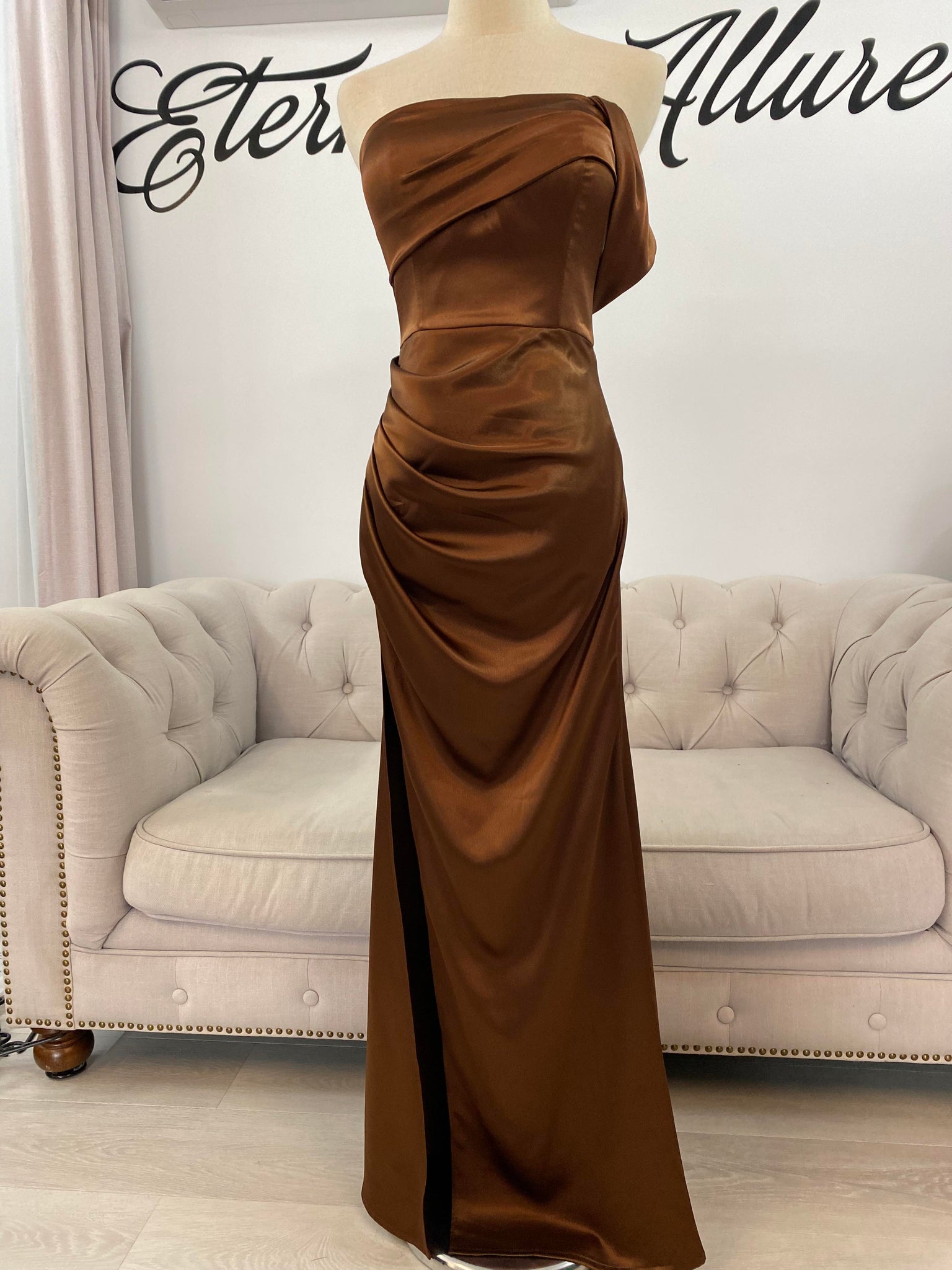Iris brown formal dress ( with single off shoulder sleeve and slit, zi Eternal Allure Pty Ltd Iris brown formal dress ( with single off shoulder sleeve and slit, zi Eternal Allure Pty Ltd