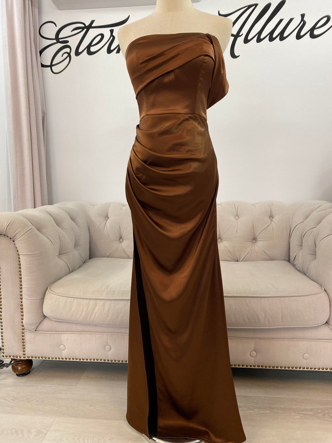 Iris brown formal dress ( with single off shoulder sleeve and slit, zip back) Iris brown formal dress ( with single off shoulder sleeve and slit, zip back)