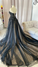 Load image into Gallery viewer, Jenna black wedding dress with pockets and slit .( nude underlayer).
