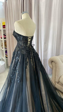 Load image into Gallery viewer, Jenna black wedding dress with pockets and slit .( nude underlayer).
