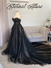 Load image into Gallery viewer, Jenna black wedding dress with pockets and slit .( nude underlayer).
