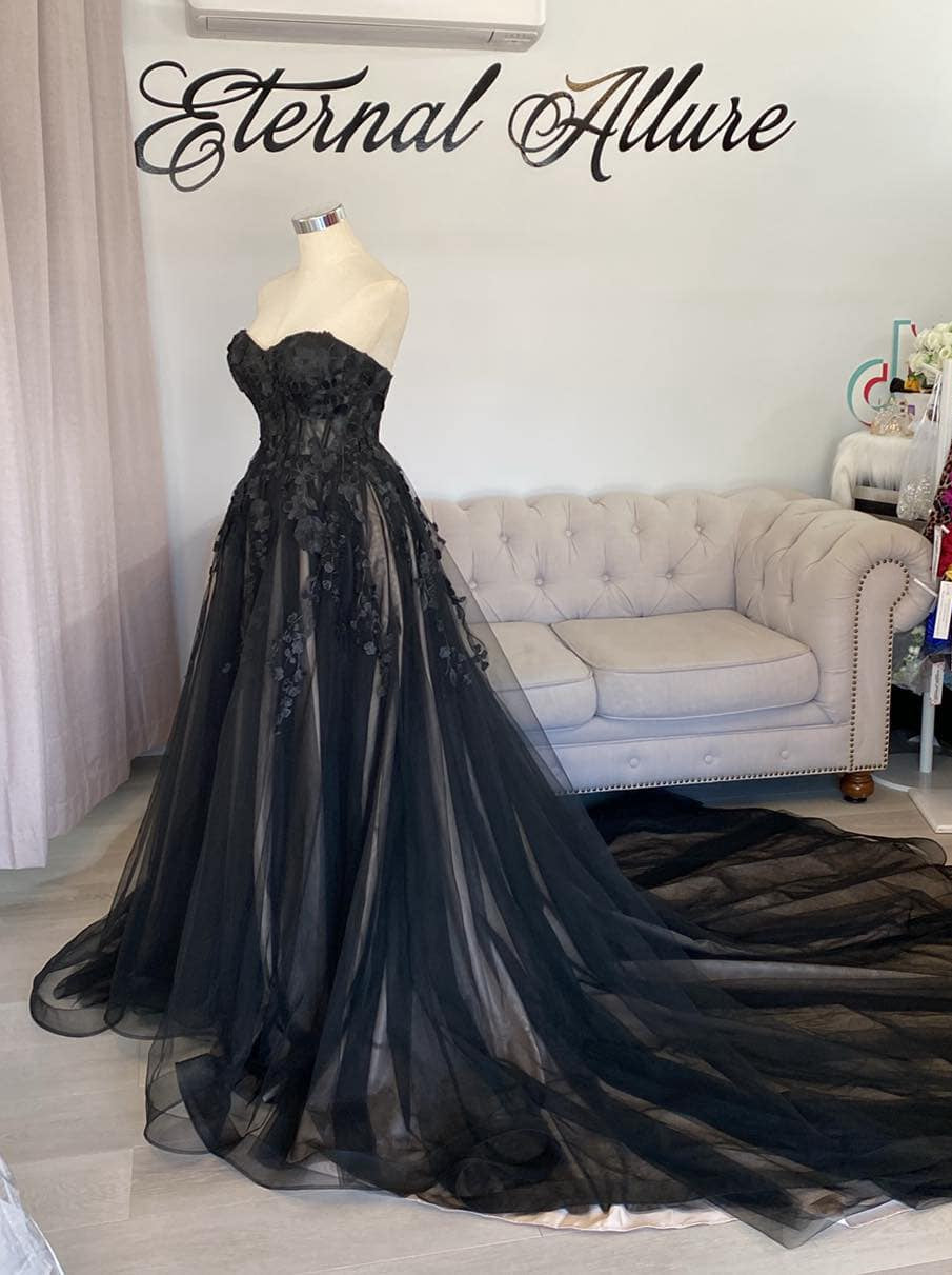 Jenna black wedding dress with pockets and slit .( nude underlayer).