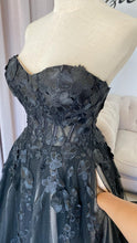 Load image into Gallery viewer, Jenna black wedding dress with pockets and slit .( nude underlayer).
