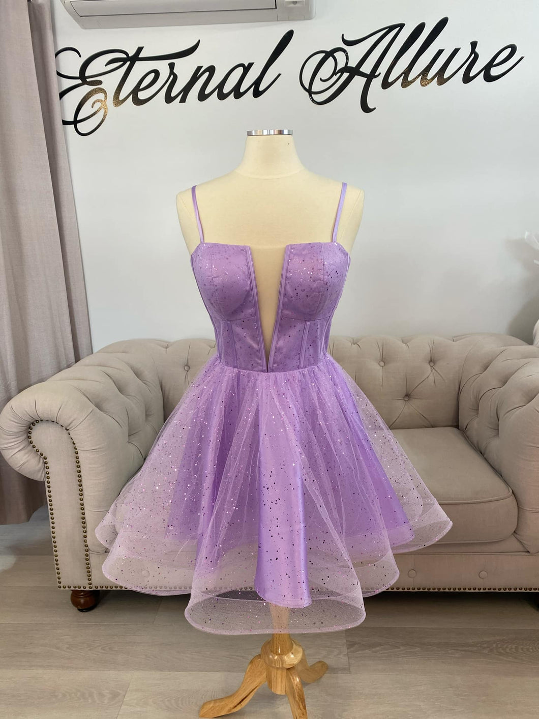 Simone mini purple bridal shower dress with pockets