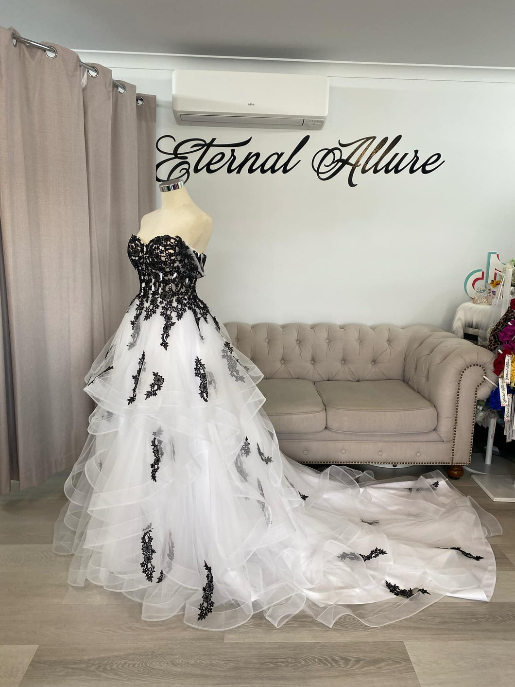 Taliah black and white wedding dress , waterfall skirt ( straps and of Eternal Allure Pty Ltd Taliah black and white wedding dress , waterfall skirt ( straps and of Eternal Allure Pty Ltd