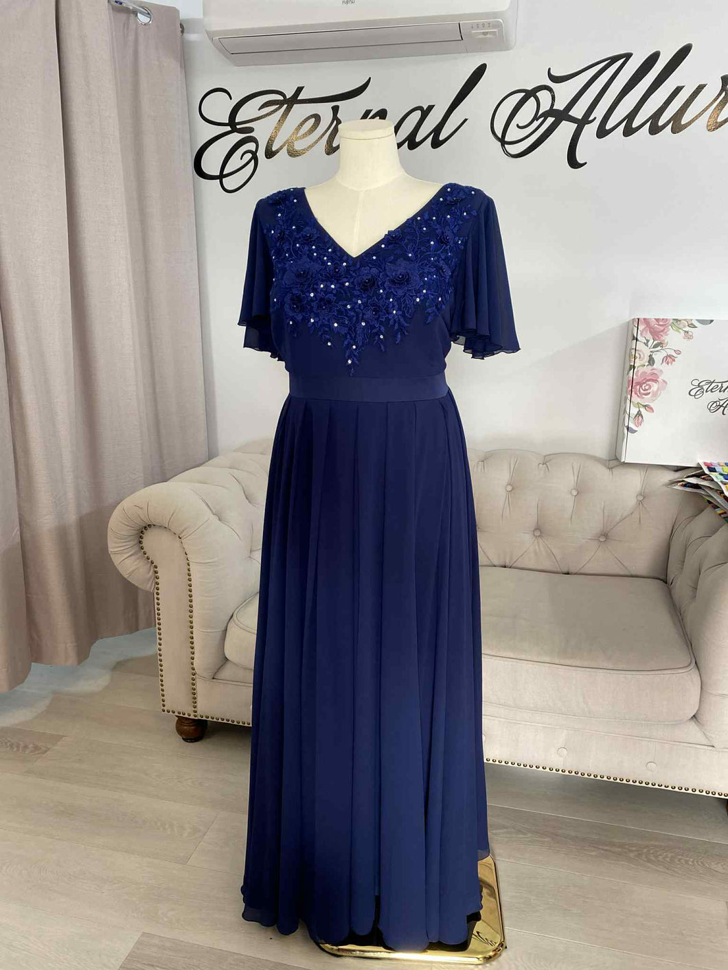 Kellie navy blue formal dress with 3D flowers lace .