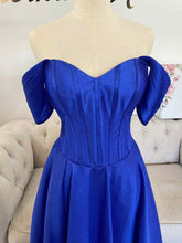 Load image into Gallery viewer, Emily royal blue formal dress with off shoulder sleeves , have pockets and slit .( sleeves removable)
