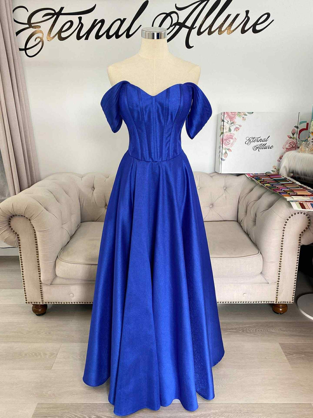 Emily royal blue formal dress with off shoulder sleeves , have pockets and slit .( sleeves removable)