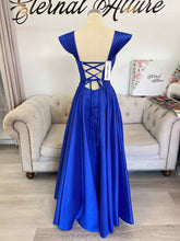 Load image into Gallery viewer, Emily royal blue formal dress with off shoulder sleeves , have pockets and slit .( sleeves removable)
