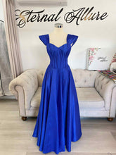 Load image into Gallery viewer, Emily royal blue formal dress with off shoulder sleeves , have pockets and slit .( sleeves removable)
