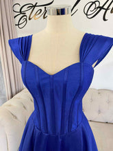 Load image into Gallery viewer, Emily royal blue formal dress with off shoulder sleeves , have pockets and slit .( sleeves removable)
