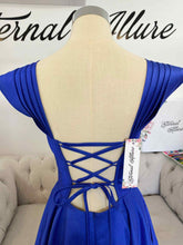 Load image into Gallery viewer, Emily royal blue formal dress with off shoulder sleeves , have pockets and slit .( sleeves removable)
