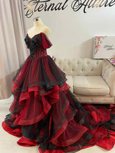 Load image into Gallery viewer, Erin waterfall black and red wedding dress with 3D lace . with removable off shoulder sleeves

