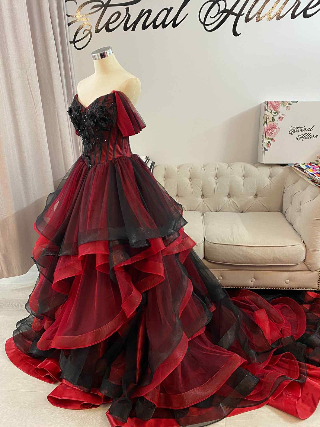 Erin waterfall black and red wedding dress with 3D lace . with removable off shoulder sleeves