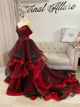 Load image into Gallery viewer, Erin waterfall black and red wedding dress with removable off shoulder sleeves.
