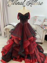 Load image into Gallery viewer, Erin waterfall black and red wedding dress with 3D lace . with removable off shoulder sleeves
