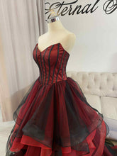 Load image into Gallery viewer, Erin waterfall black and red wedding dress with removable off shoulder sleeves.
