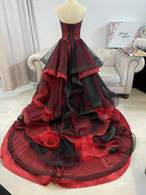 Load image into Gallery viewer, Erin waterfall black and red wedding dress with 3D lace . with removable off shoulder sleeves

