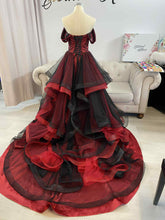 Load image into Gallery viewer, Erin waterfall black and red wedding dress with 3D lace . with removable off shoulder sleeves
