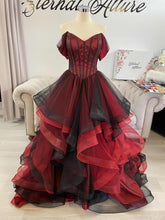 Load image into Gallery viewer, Erin waterfall black and red wedding dress with removable off shoulder sleeves.
