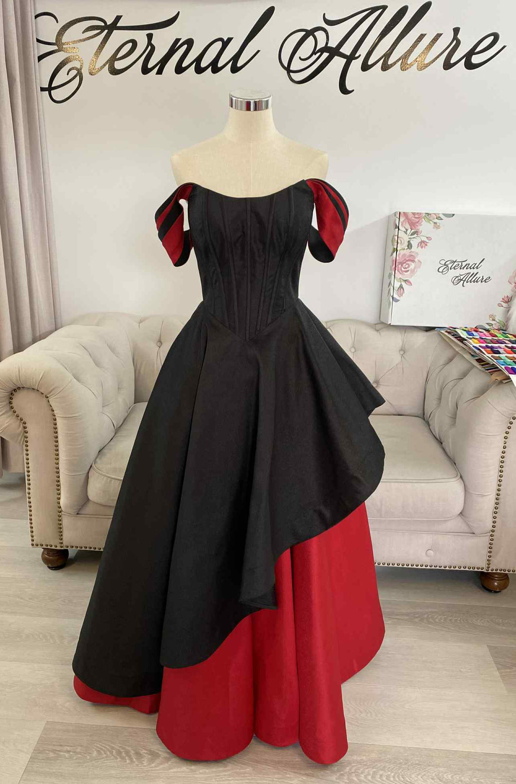 Scarlett black and red formal dress , wedding dress . with pockets , off shoulder and straps removable .