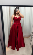 Load image into Gallery viewer, Emily red formal dress with slit and pockets .
