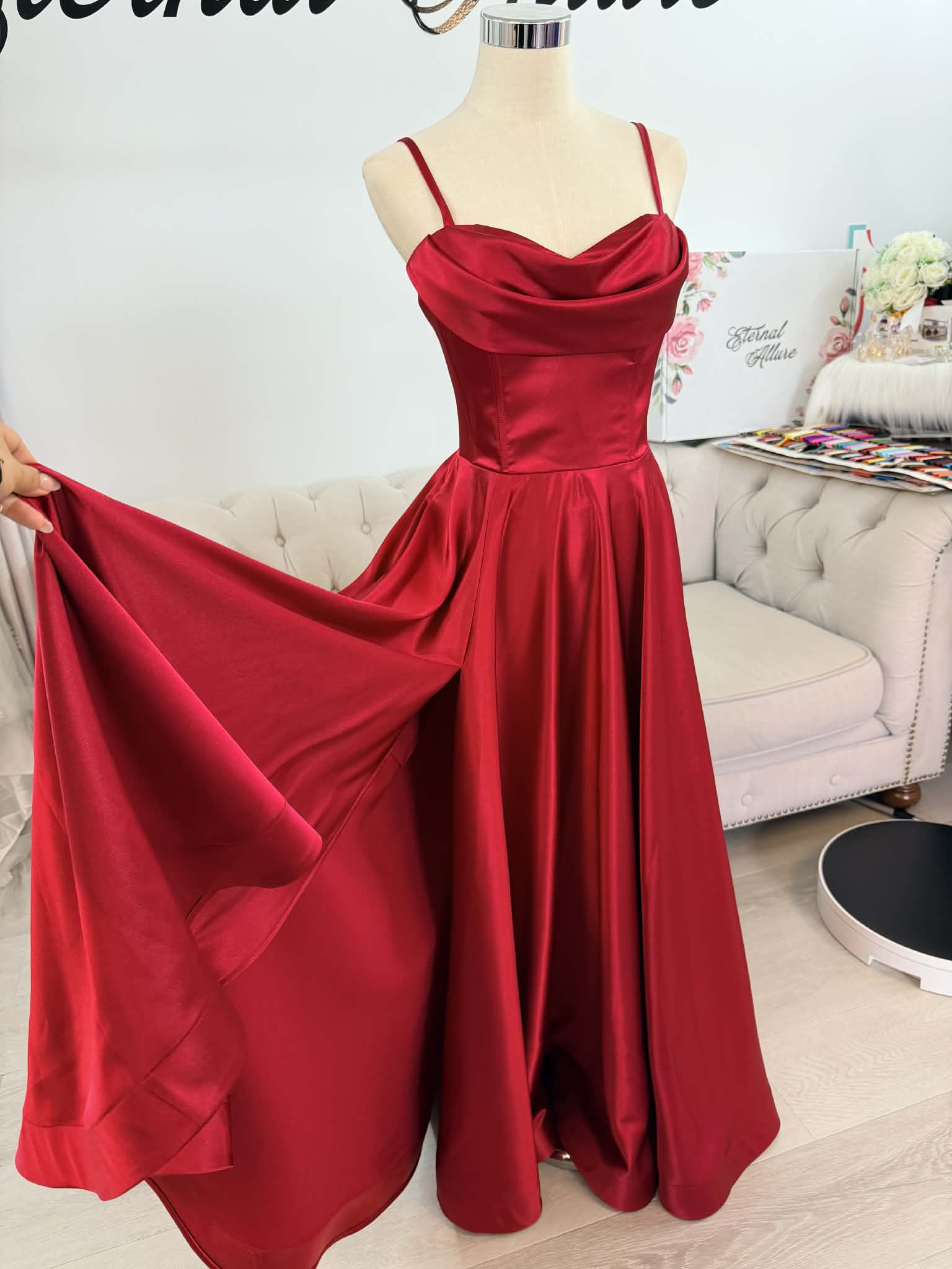 Emily red formal dress with slit and pockets . Eternal Allure Pty Ltd Emily red formal dress with slit and pockets . Eternal Allure Pty Ltd