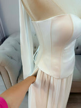 Load image into Gallery viewer, Anna wedding dress 2 pieces corset top and skirt with scarf, pockets and slit .
