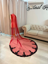 Load image into Gallery viewer, Red and black veil cathedral length.
