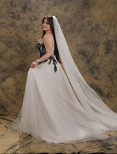 Load image into Gallery viewer, Emily black and white wedding dress with detachable long sleeves (has pockets and slit)
