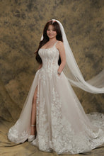 Load image into Gallery viewer, Sylvia wedding dress square neckline with removable short sleeves ( has pockets and slit)

