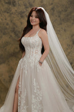 Load image into Gallery viewer, Sylvia wedding dress square neckline with removable short sleeves ( has pockets and slit)
