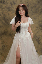 Load image into Gallery viewer, Sylvia wedding dress square neckline with removable short sleeves ( has pockets and slit)
