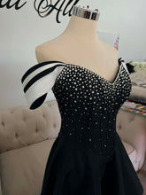 Load image into Gallery viewer, Hailey Black and white wedding dress with ombre diamante (Pockets and detachable off shoulder sleeves)
